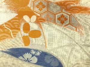 アンティーク　絽　笹の葉に牡丹・花亀甲模様織出し名古屋帯
